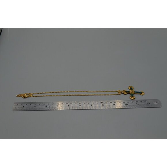 Ciro Thailand Gold Tone Cross Pendant Necklace w/ Green Inlay 19" Chain - Picture 9 of 9